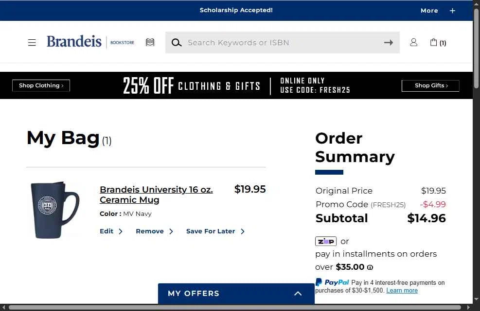 Brandeis University checkout page showing Brandeis University promo code box | Screenshot taken by SimplyCodes community member on Jan 20, 2026