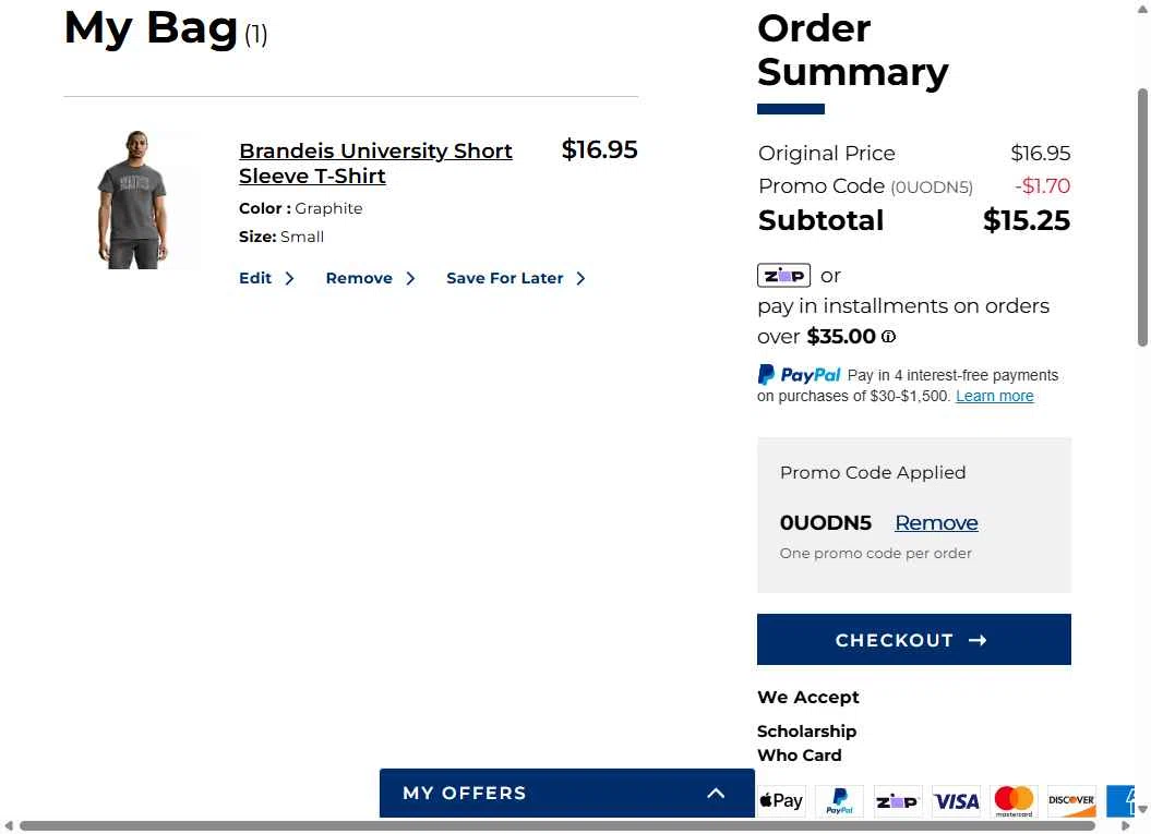 Brandeis University checkout page showing Brandeis University promo code box | Screenshot taken by SimplyCodes community member on Dec 16, 2025