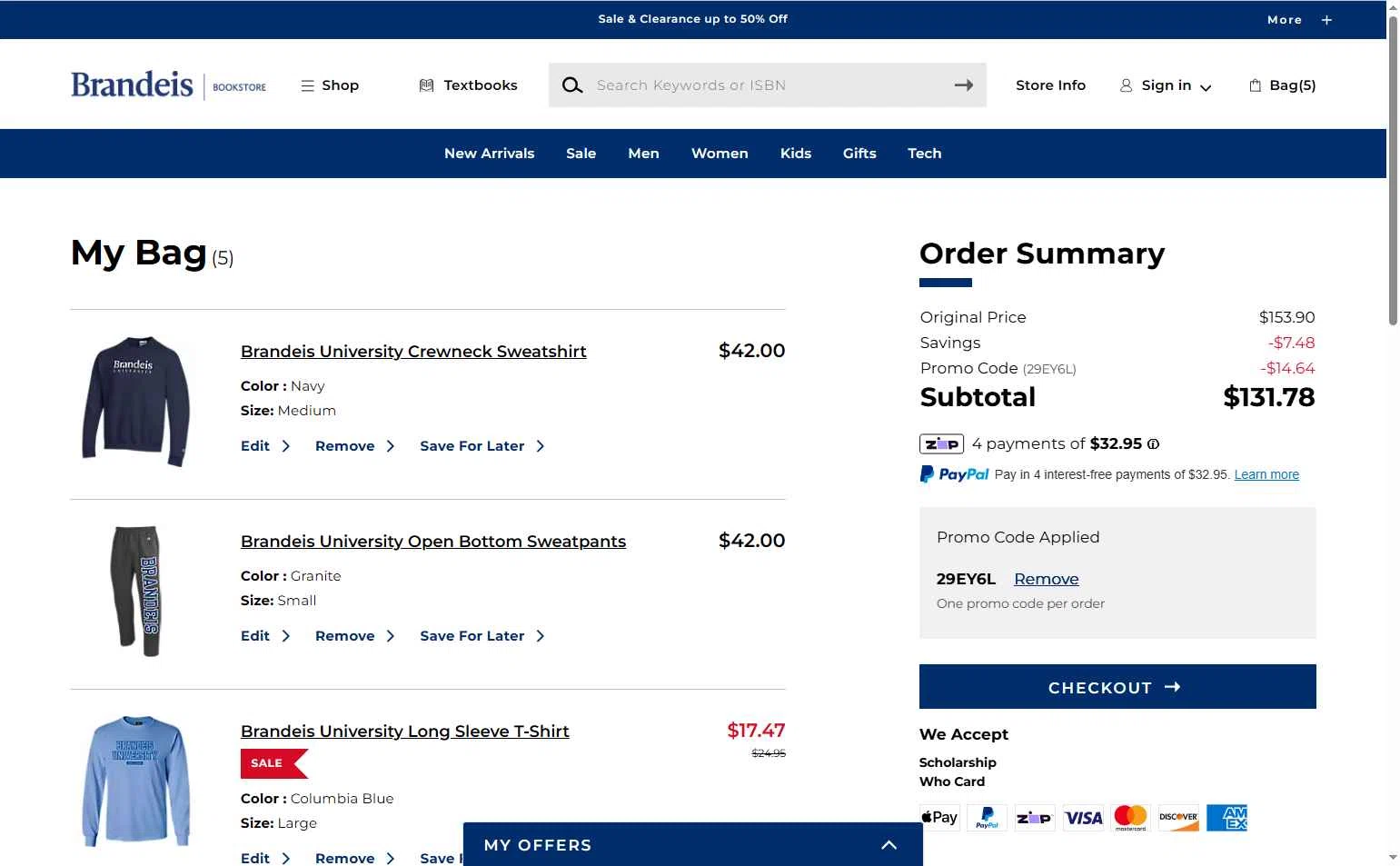 Brandeis University checkout page showing Brandeis University promo code box | Screenshot taken by SimplyCodes community member on Dec 27, 2025
