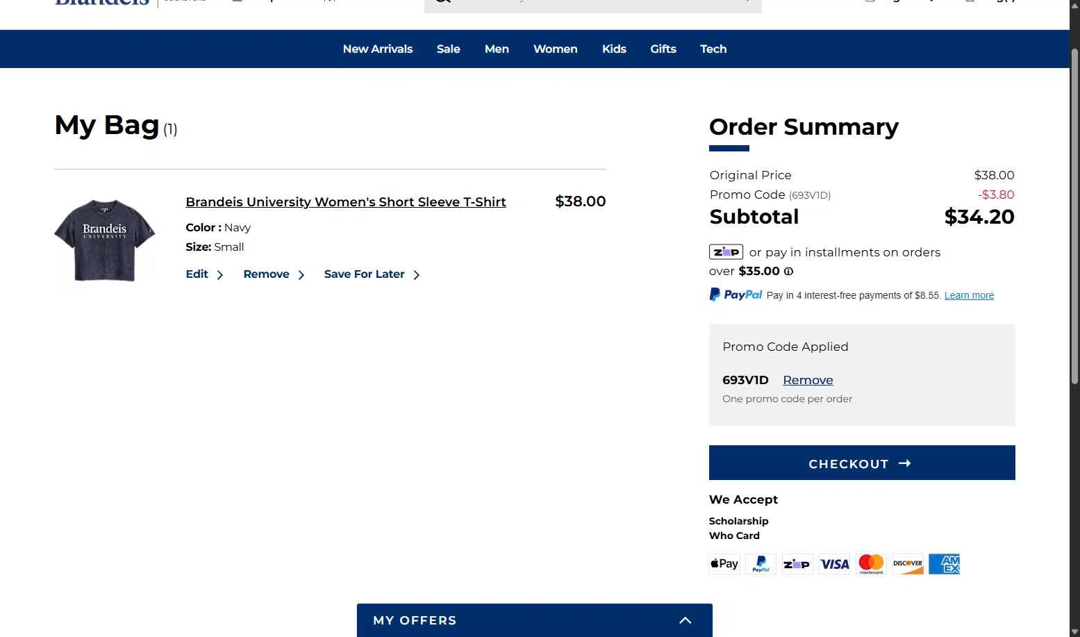 Brandeis University checkout page showing Brandeis University promo code box | Screenshot taken by SimplyCodes community member on Dec 23, 2025