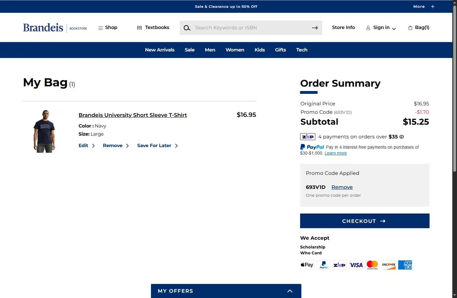 Brandeis University checkout page showing Brandeis University promo code box | Screenshot taken by SimplyCodes community member on Dec 27, 2025