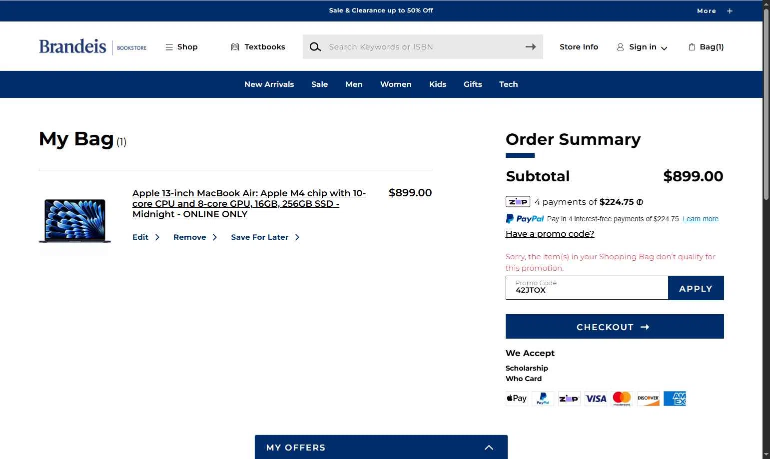 Brandeis University checkout page showing Brandeis University promo code box | Screenshot taken by SimplyCodes community member on Dec 27, 2025