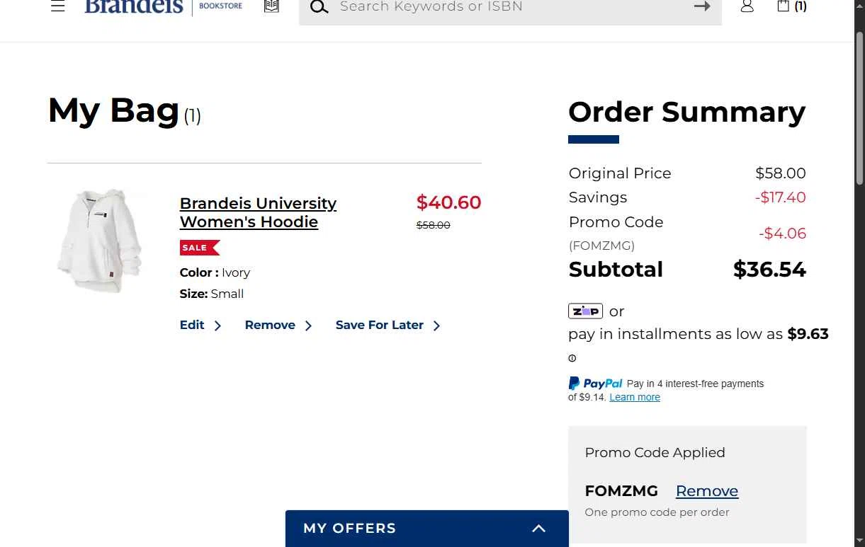 Brandeis University checkout page showing Brandeis University promo code box | Screenshot taken by SimplyCodes community member on Dec 23, 2025