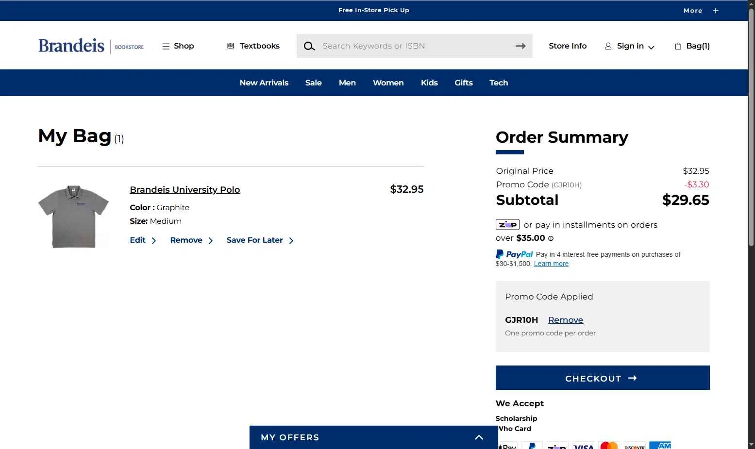 Brandeis University checkout page showing Brandeis University promo code box | Screenshot taken by SimplyCodes community member on Dec 29, 2025