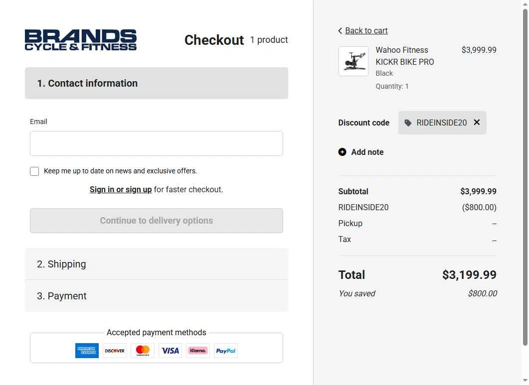 Brands Cycle and Fitness checkout page showing Brands Cycle and Fitness discount code box | Screenshot taken by SimplyCodes community member on Feb 11, 2026