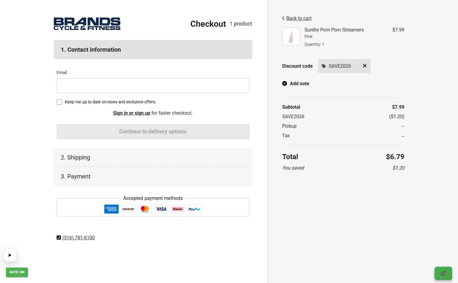 Brands Cycle and Fitness checkout page showing Brands Cycle and Fitness discount code box | Screenshot taken by SimplyCodes community member on Jan 12, 2026