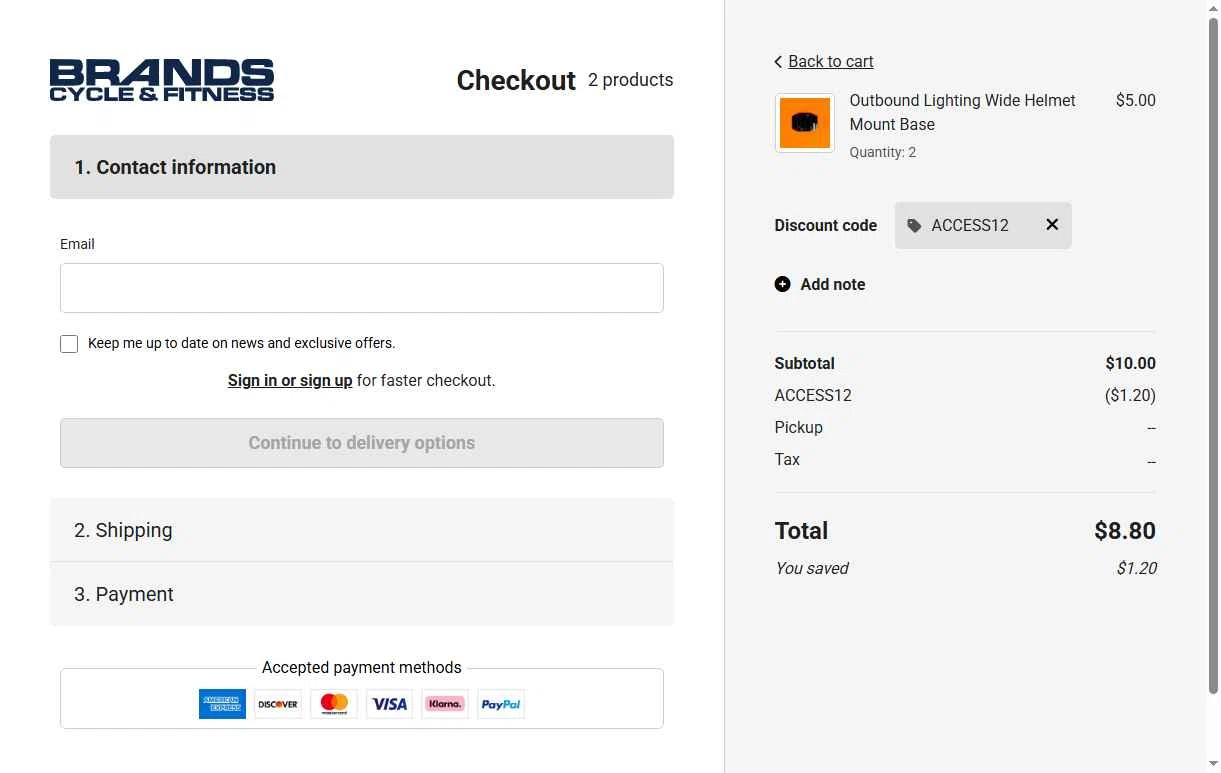 Brands Cycle and Fitness checkout page showing Brands Cycle and Fitness discount code box | Screenshot taken by SimplyCodes community member on Feb 4, 2026