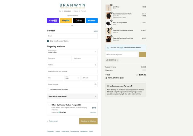 BRANWYN checkout page showing BRANWYN discount code box | Screenshot taken by SimplyCodes community member on Aug 26, 2025