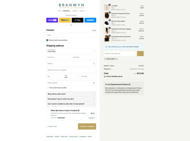 BRANWYN checkout page showing BRANWYN discount code box | Screenshot taken by SimplyCodes community member on Aug 4, 2025
