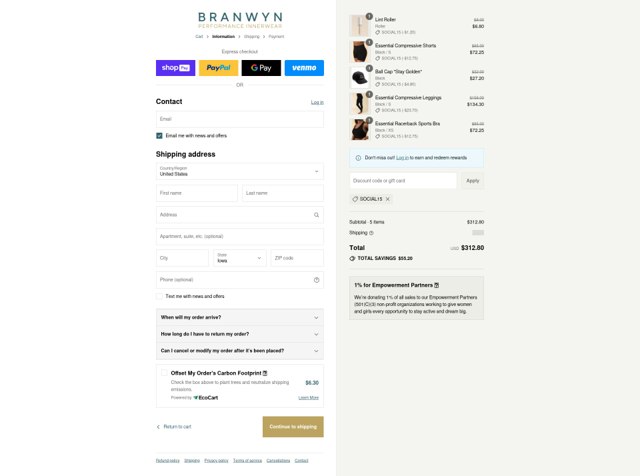 BRANWYN checkout page showing BRANWYN discount code box | Screenshot taken by SimplyCodes community member on Aug 1, 2025