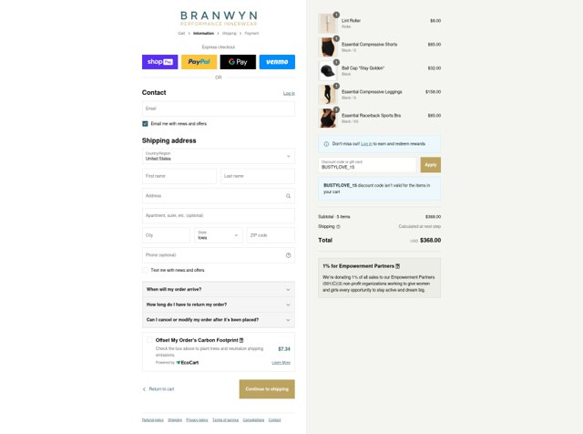 BRANWYN checkout page showing BRANWYN discount code box | Screenshot taken by SimplyCodes community member on Jul 31, 2025
