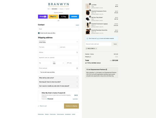 BRANWYN checkout page showing BRANWYN discount code box | Screenshot taken by SimplyCodes community member on Aug 12, 2025