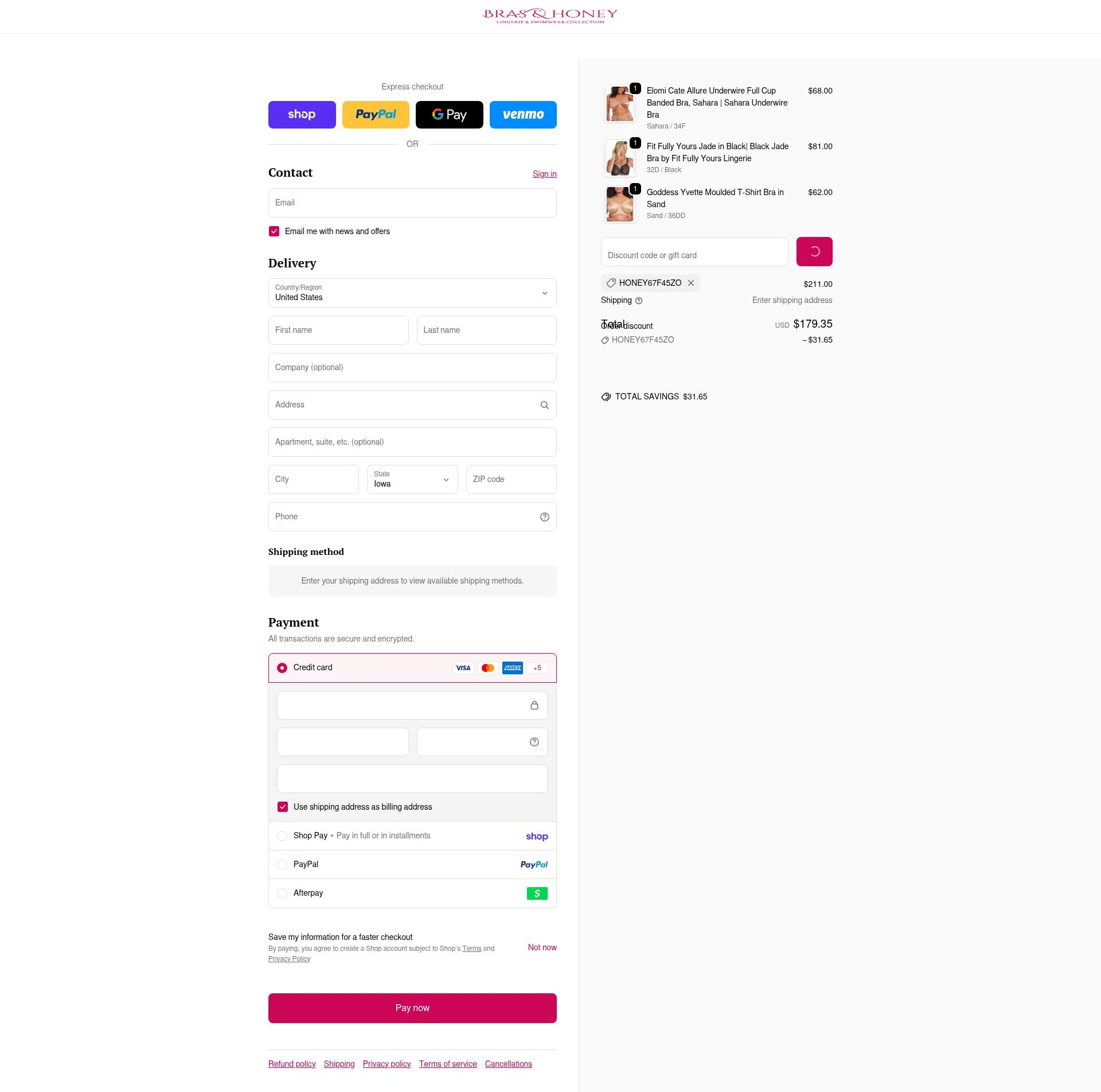 Bras & Honey checkout page showing Bras & Honey promo code box | Screenshot taken by SimplyCodes community member on Feb 17, 2026