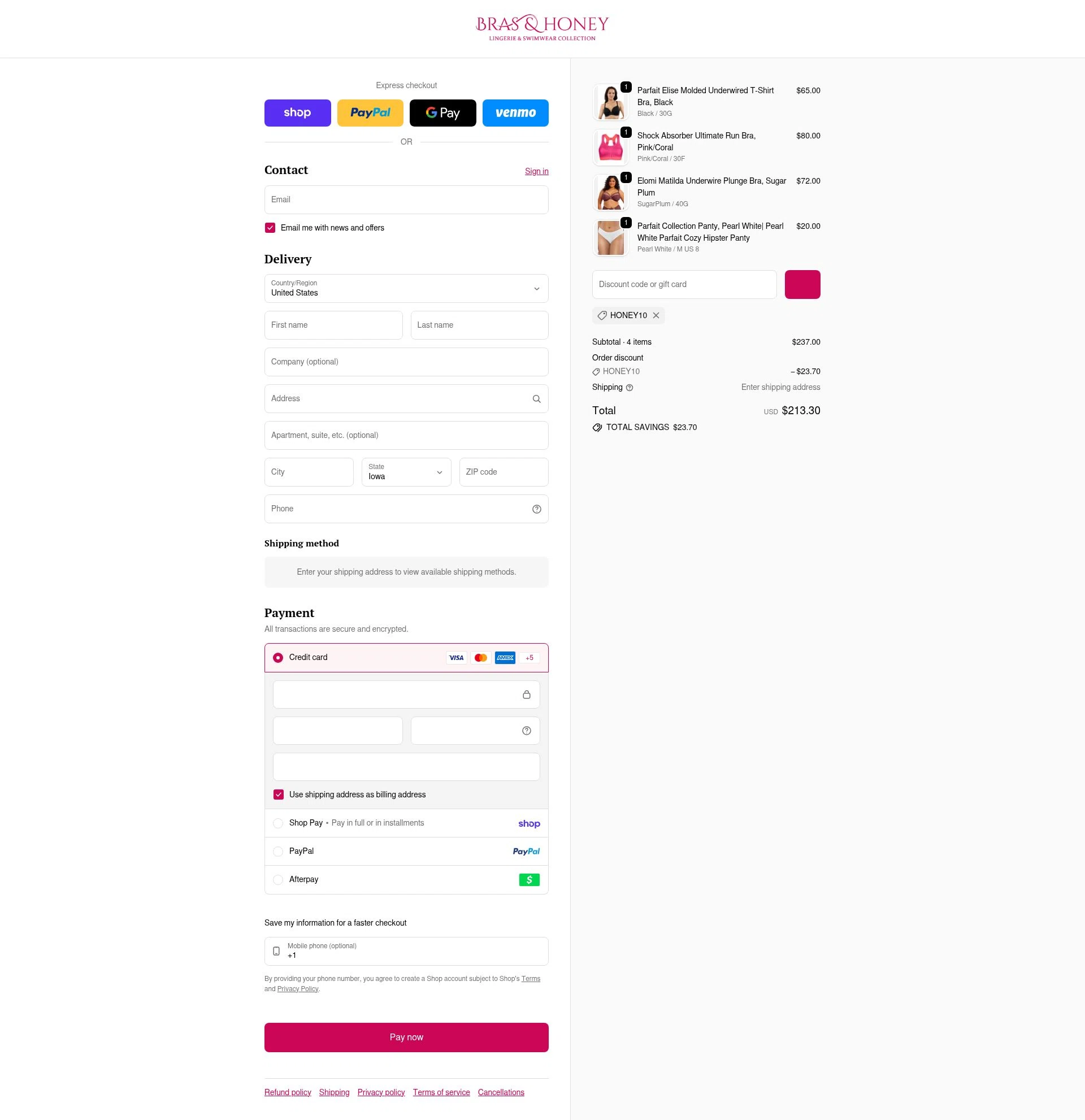 Bras & Honey checkout page showing Bras & Honey promo code box | Screenshot taken by SimplyCodes community member on Feb 9, 2026
