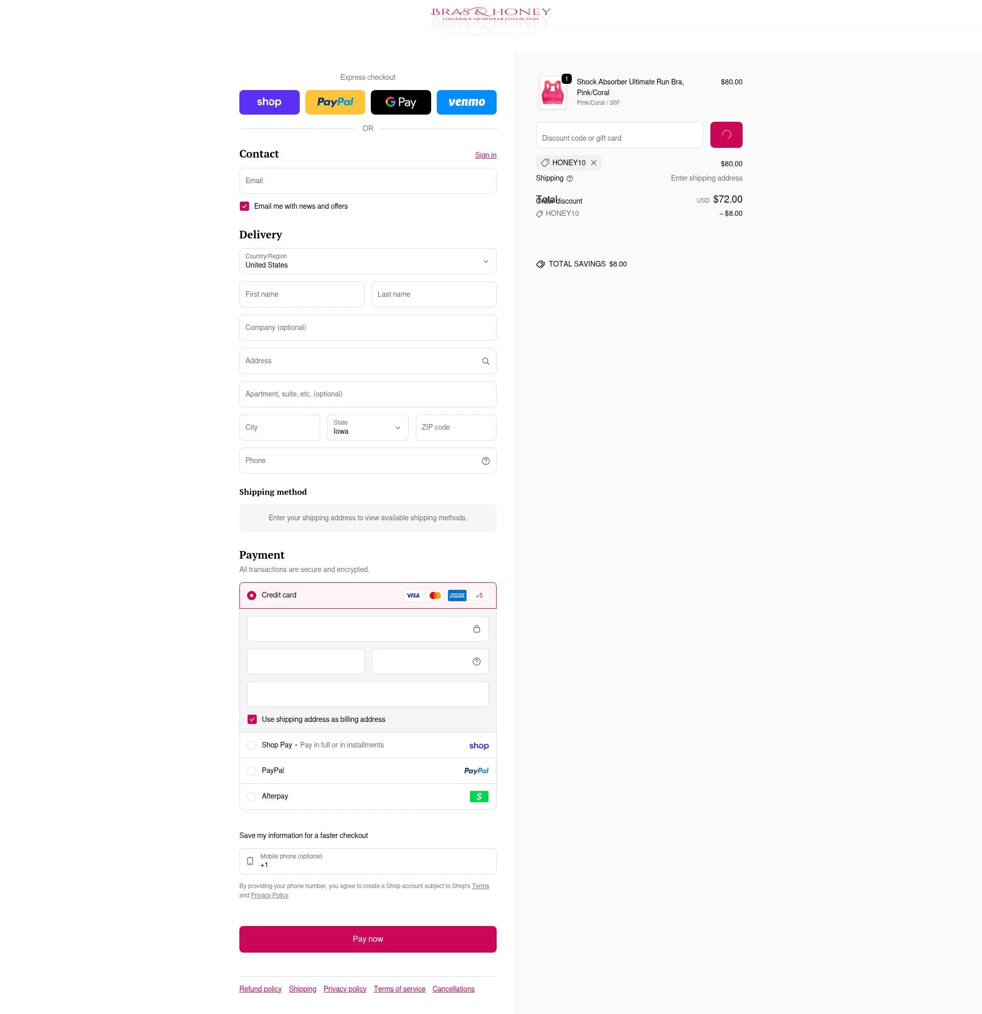 Bras & Honey checkout page showing Bras & Honey promo code box | Screenshot taken by SimplyCodes community member on Feb 13, 2026
