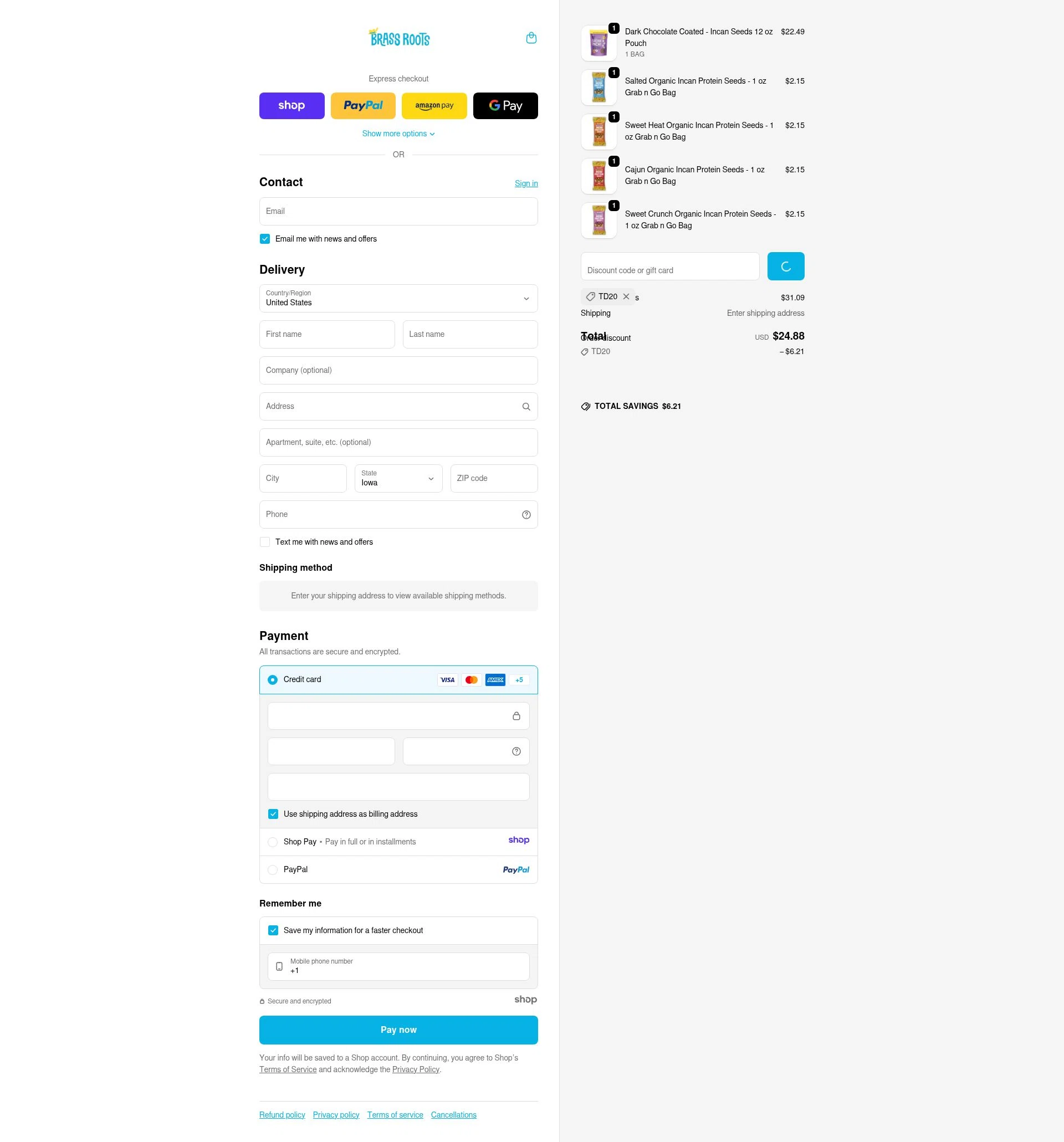 Brass Roots checkout page showing Brass Roots promo code box | Screenshot taken by SimplyCodes community member on Jan 8, 2026