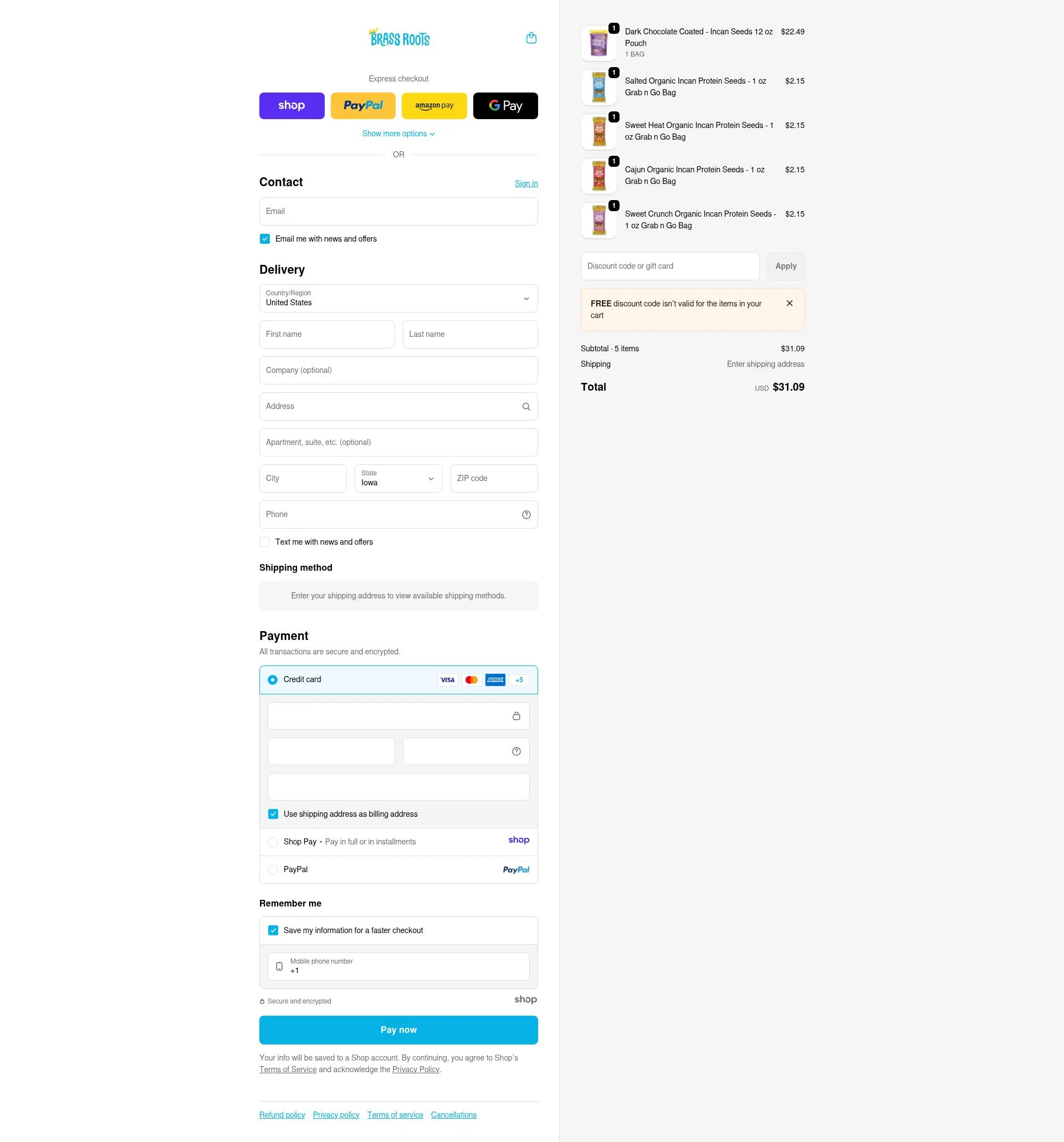 Brass Roots checkout page showing Brass Roots promo code box | Screenshot taken by SimplyCodes community member on Jan 8, 2026