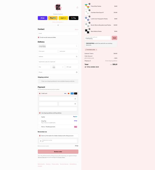 Brassybra checkout page showing Brassybra promo code box | Screenshot taken by SimplyCodes community member on Sep 10, 2025