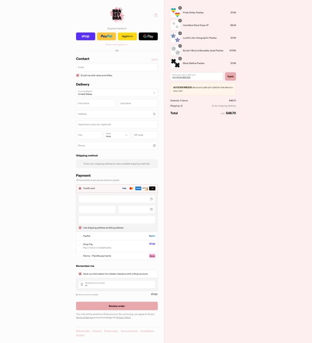 Brassybra checkout page showing Brassybra promo code box | Screenshot taken by SimplyCodes community member on Aug 29, 2025