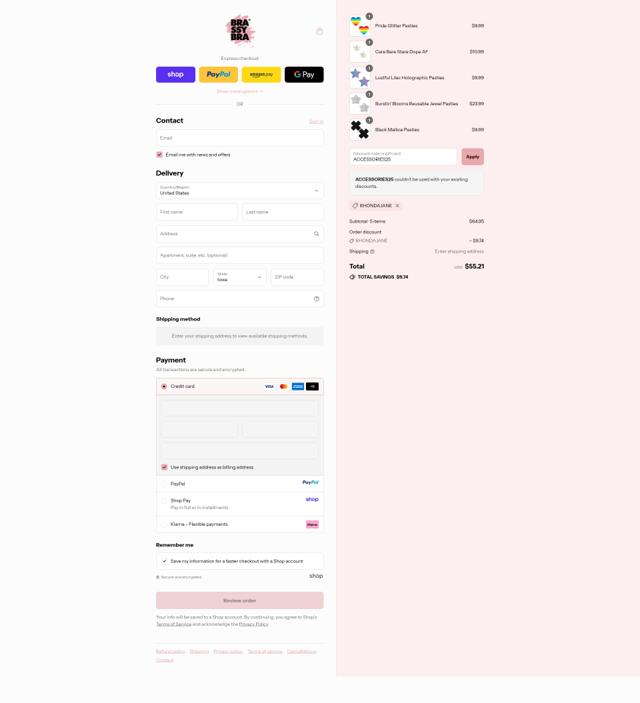 Brassybra checkout page showing Brassybra promo code box | Screenshot taken by SimplyCodes community member on Sep 10, 2025