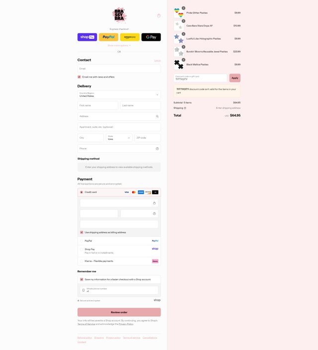 Brassybra checkout page showing Brassybra promo code box | Screenshot taken by SimplyCodes community member on Aug 25, 2025