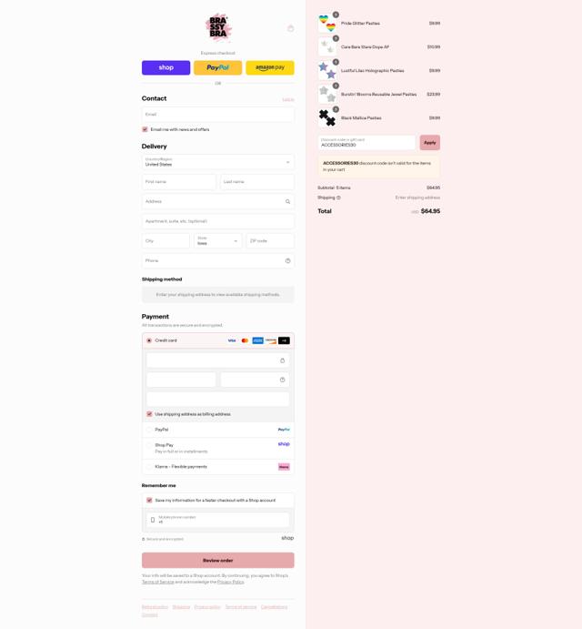 Brassybra checkout page showing Brassybra promo code box | Screenshot taken by SimplyCodes community member on Sep 6, 2025