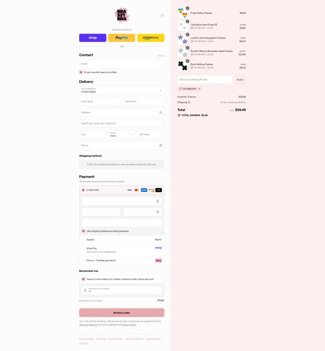 Brassybra checkout page showing Brassybra promo code box | Screenshot taken by SimplyCodes community member on Sep 6, 2025