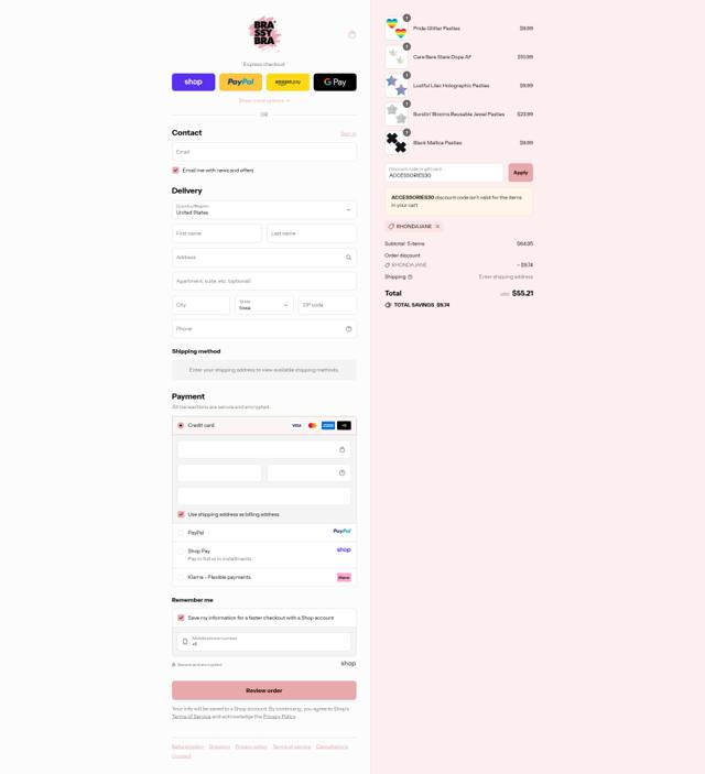 Brassybra checkout page showing Brassybra promo code box | Screenshot taken by SimplyCodes community member on Sep 10, 2025
