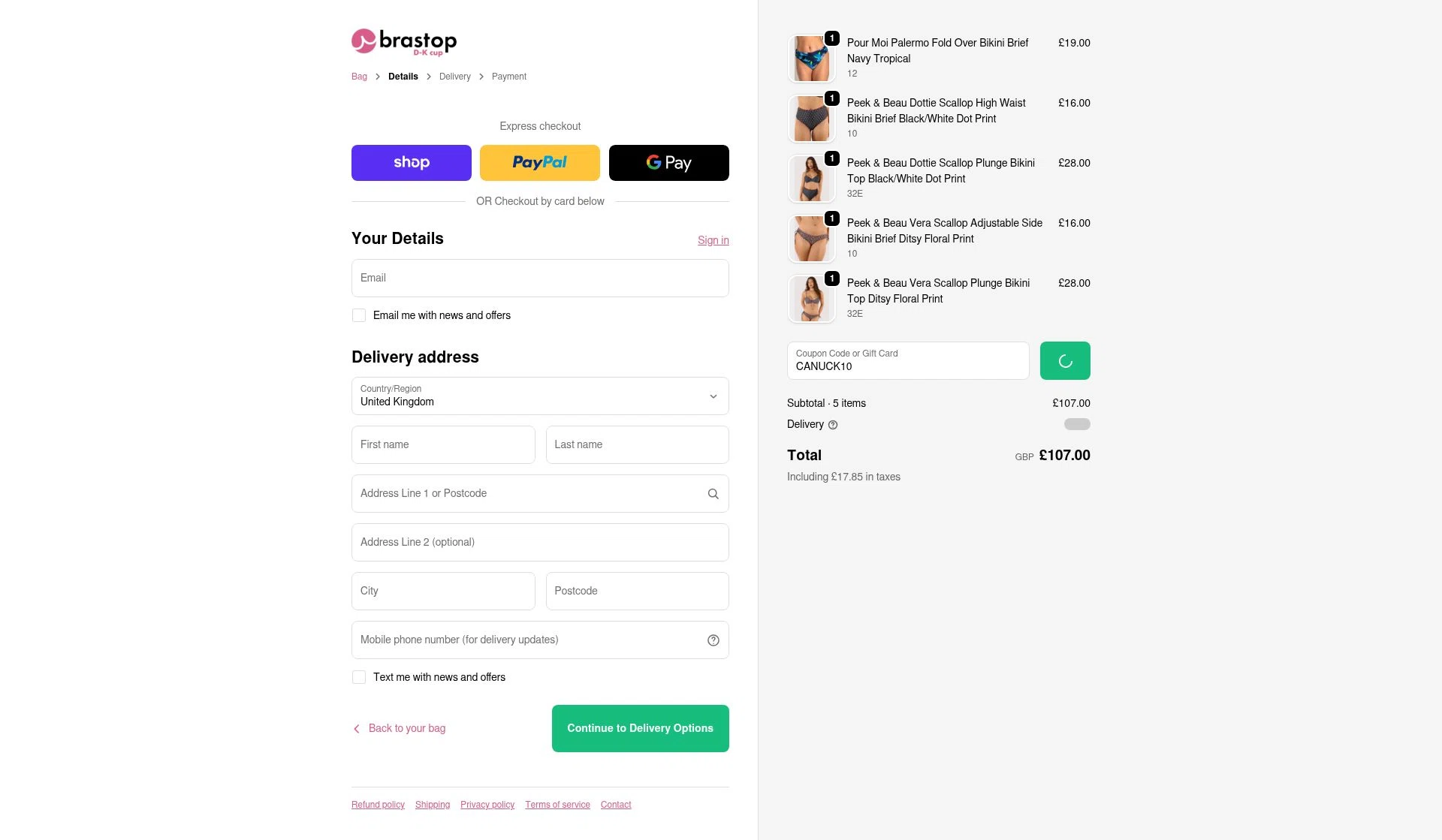 Brastop UK checkout page showing Brastop UK promo code box | Screenshot taken by SimplyCodes community member on Feb 18, 2026