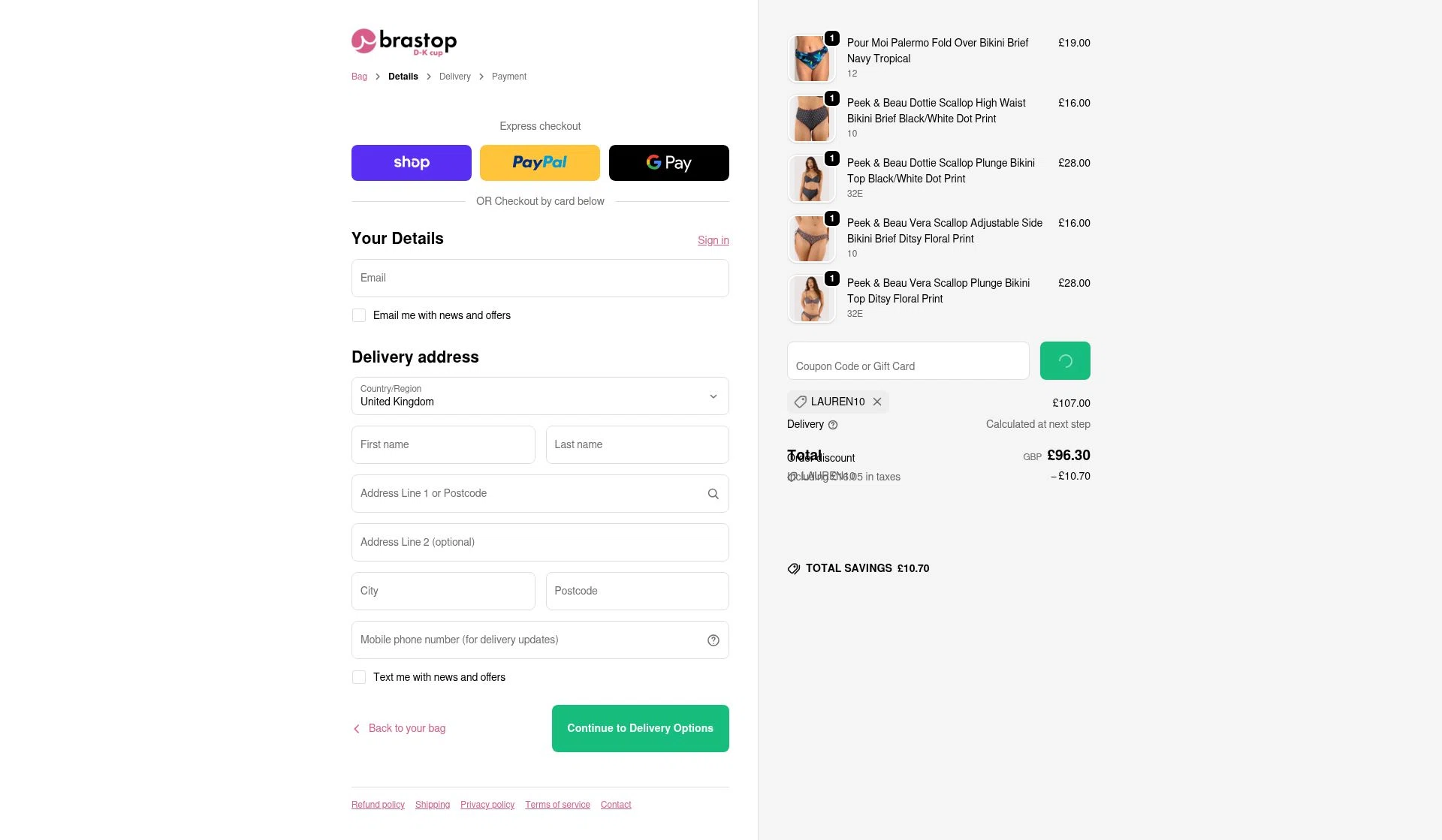 Brastop UK checkout page showing Brastop UK promo code box | Screenshot taken by SimplyCodes community member on Feb 18, 2026
