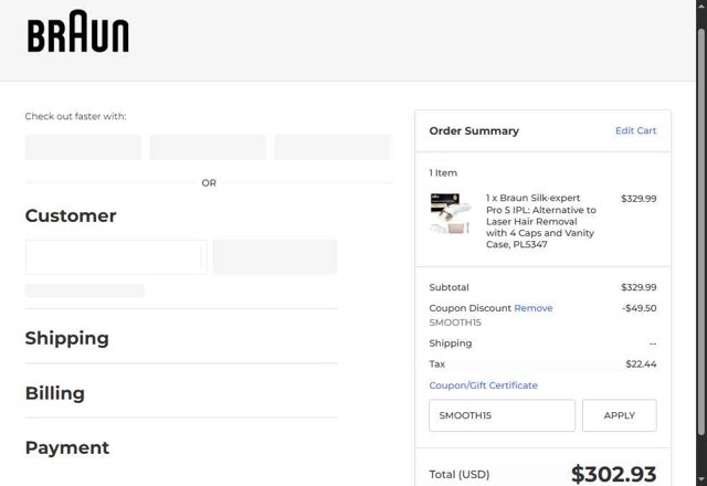 Braun checkout page showing Braun coupon code box | Screenshot taken by SimplyCodes community member on Jul 12, 2025
