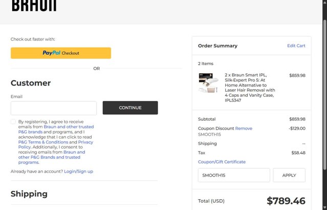 Braun checkout page showing Braun coupon code box | Screenshot taken by SimplyCodes community member on Aug 9, 2025