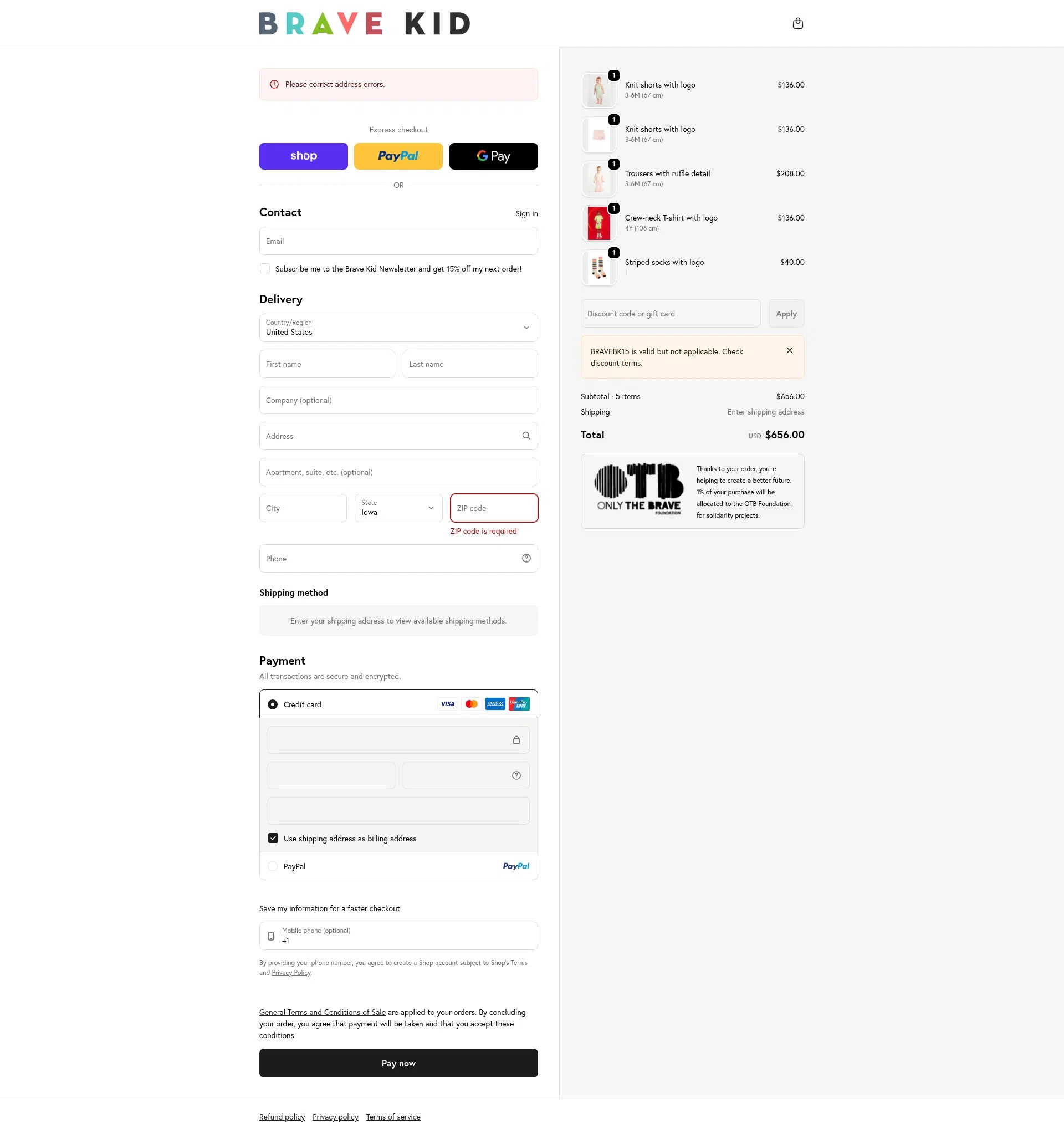 Brave Kid checkout page showing Brave Kid discount code box | Screenshot taken by SimplyCodes community member on Feb 13, 2026