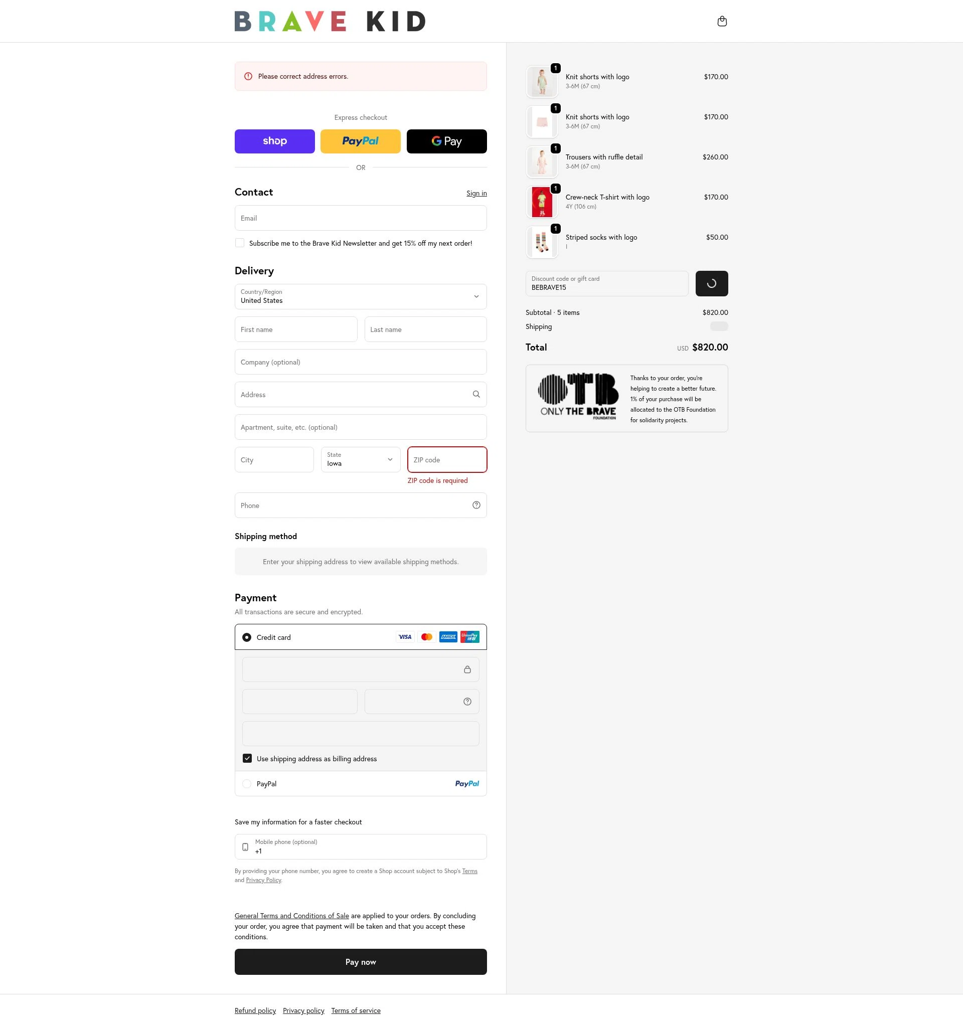 Brave Kid checkout page showing Brave Kid discount code box | Screenshot taken by SimplyCodes community member on Feb 18, 2026