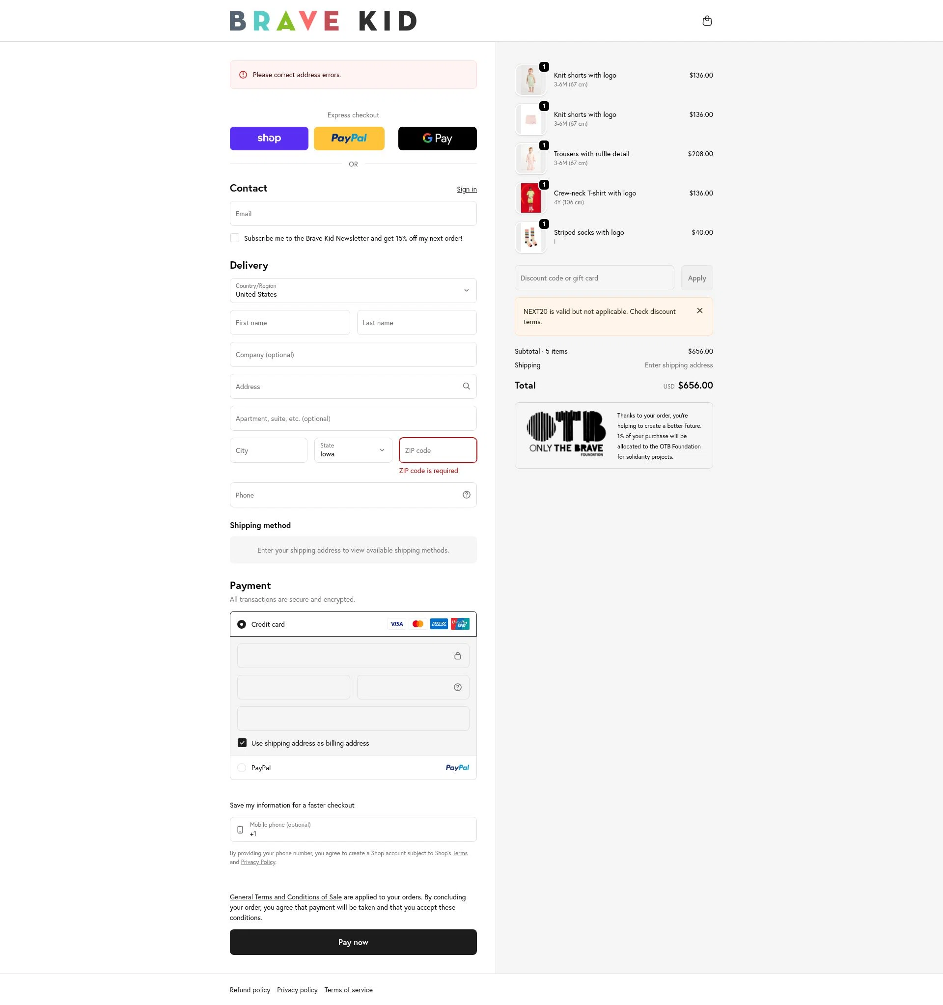 Brave Kid checkout page showing Brave Kid discount code box | Screenshot taken by SimplyCodes community member on Feb 13, 2026