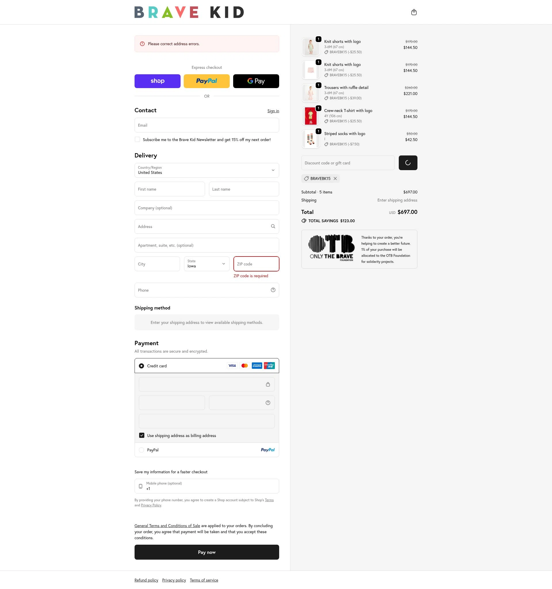 Brave Kid checkout page showing Brave Kid discount code box | Screenshot taken by SimplyCodes community member on Feb 18, 2026