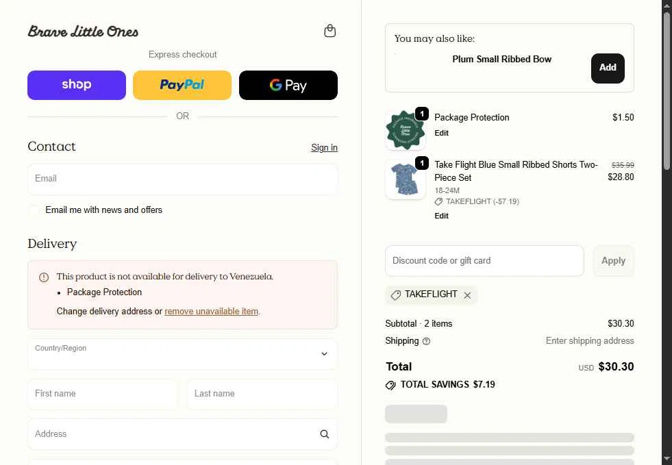 Brave Little Ones checkout page showing Brave Little Ones discount code box | Screenshot taken by SimplyCodes community member on Feb 11, 2026