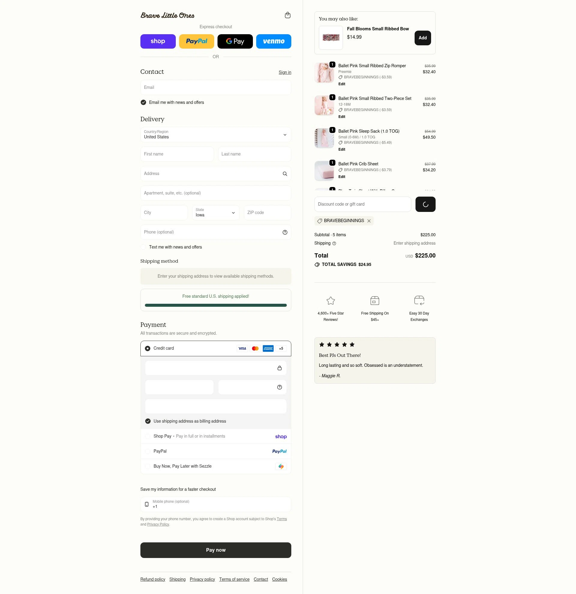 Brave Little Ones checkout page showing Brave Little Ones discount code box | Screenshot taken by SimplyCodes community member on Feb 13, 2026