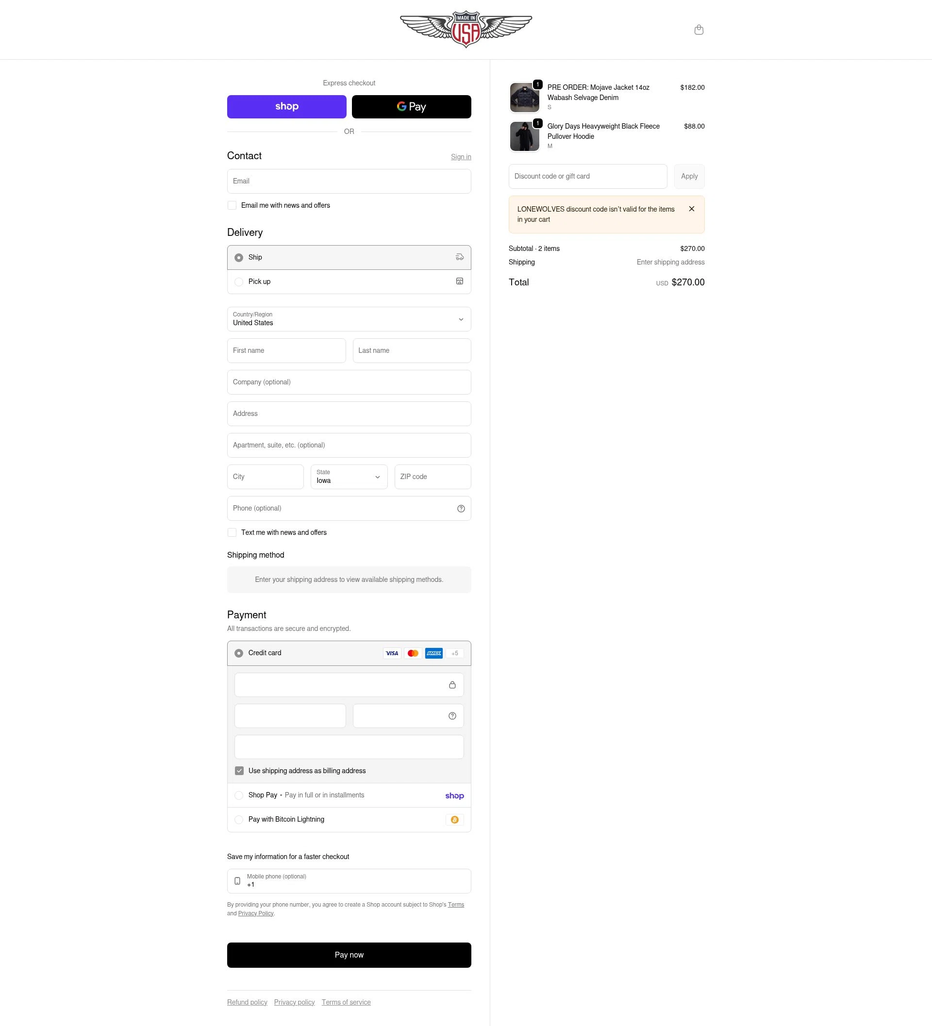 Brave Star Selvage checkout page showing Brave Star Selvage discount code box | Screenshot taken by SimplyCodes community member on Feb 9, 2026