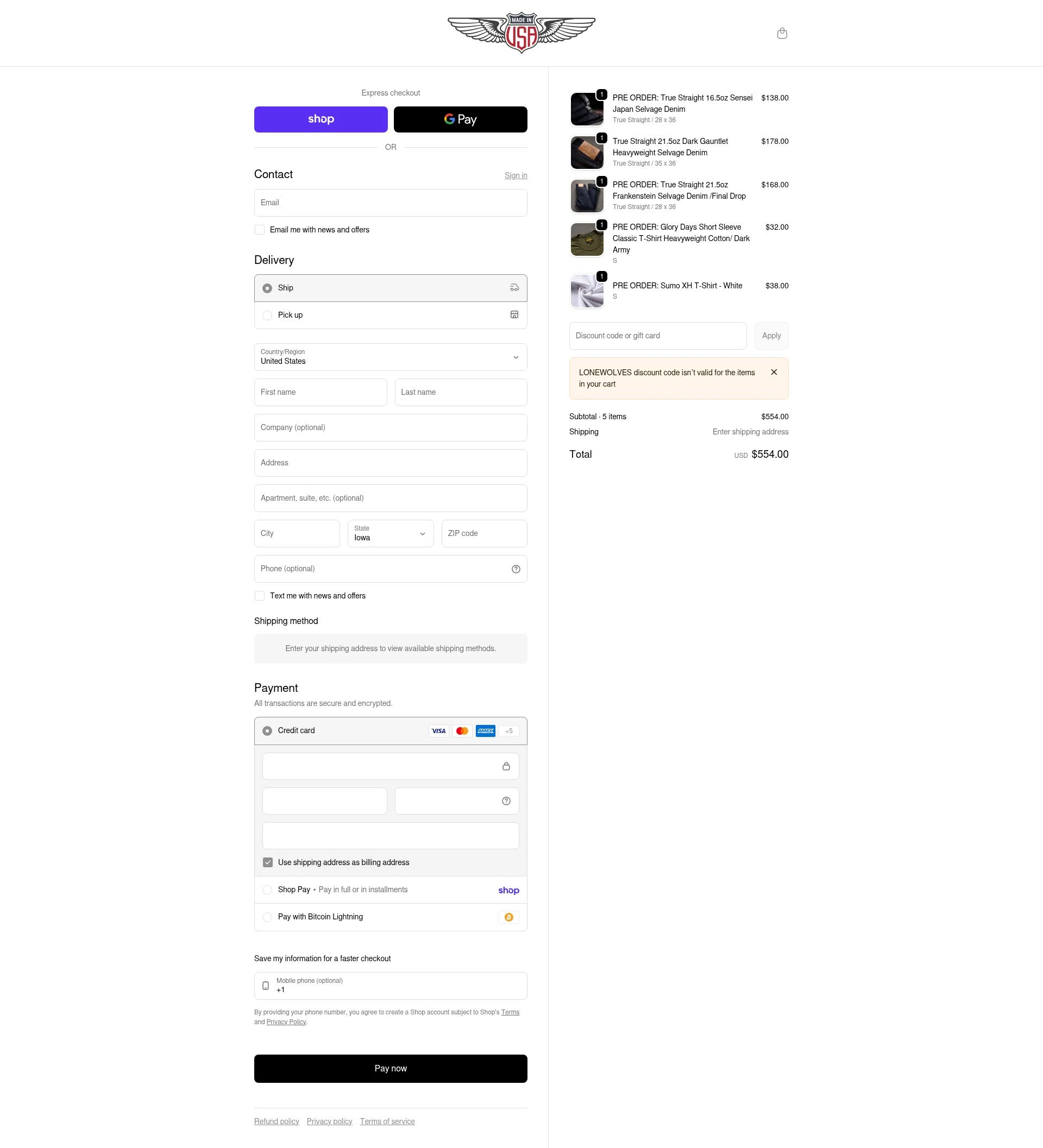 Brave Star Selvage checkout page showing Brave Star Selvage discount code box | Screenshot taken by SimplyCodes community member on Feb 13, 2026