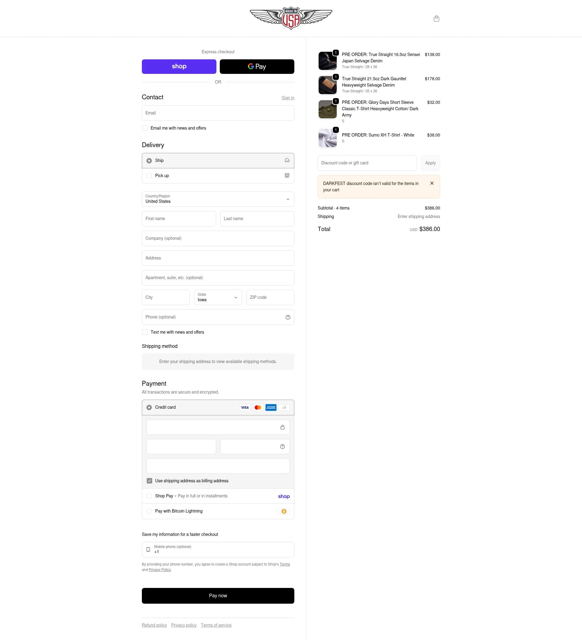 Brave Star Selvage checkout page showing Brave Star Selvage discount code box | Screenshot taken by SimplyCodes community member on Feb 18, 2026