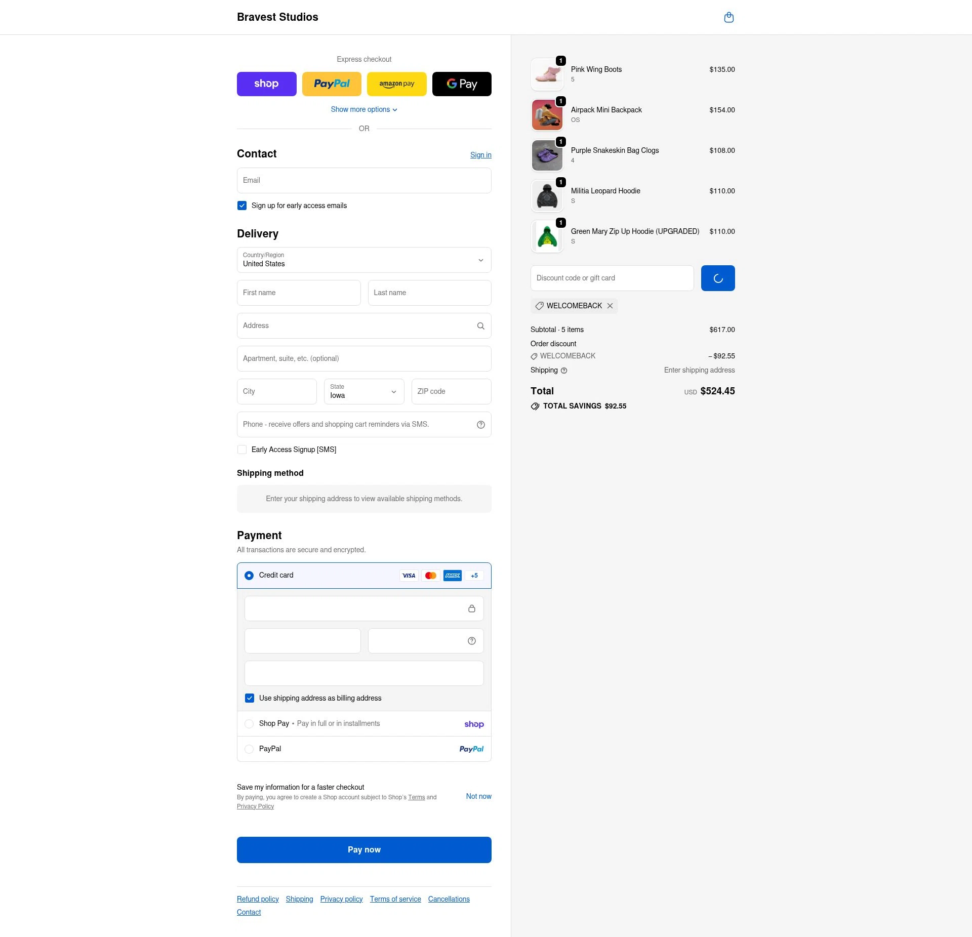 Bravest Studios checkout page showing Bravest Studios promo code box | Screenshot taken by SimplyCodes community member on Feb 18, 2026