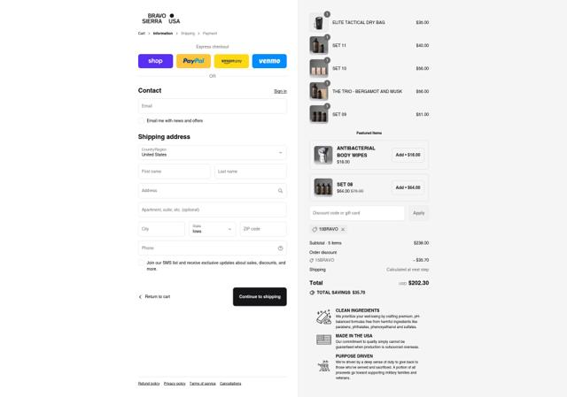 Bravo Sierra checkout page showing Bravo Sierra discount code box | Screenshot taken by SimplyCodes community member on Sep 13, 2025