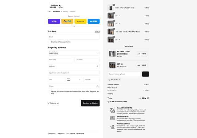 Bravo Sierra checkout page showing Bravo Sierra discount code box | Screenshot taken by SimplyCodes community member on Sep 13, 2025