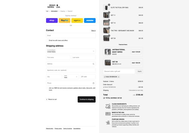 Bravo Sierra checkout page showing Bravo Sierra discount code box | Screenshot taken by SimplyCodes community member on Sep 13, 2025