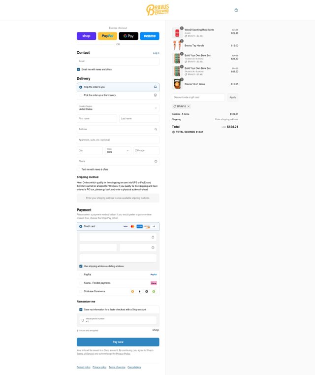 Bravus Brewing checkout page showing Bravus Brewing discount code box | Screenshot taken by SimplyCodes community member on Sep 6, 2025