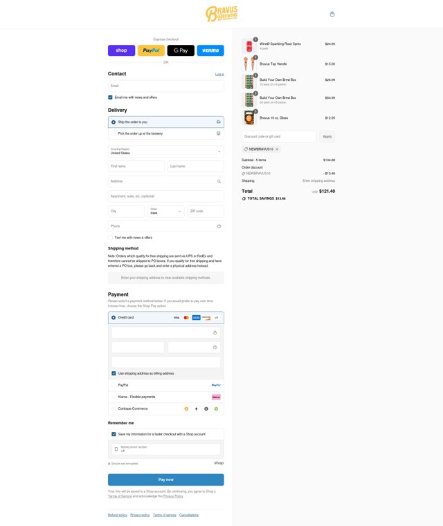 Bravus Brewing checkout page showing Bravus Brewing discount code box | Screenshot taken by SimplyCodes community member on Sep 6, 2025