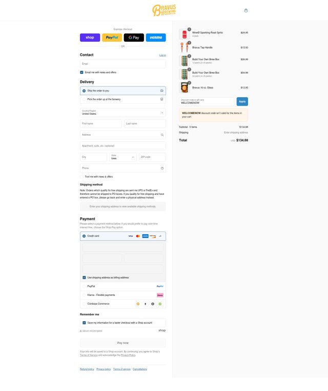 Bravus Brewing checkout page showing Bravus Brewing discount code box | Screenshot taken by SimplyCodes community member on Sep 6, 2025