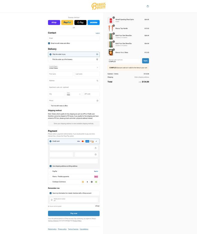 Bravus Brewing checkout page showing Bravus Brewing discount code box | Screenshot taken by SimplyCodes community member on Sep 6, 2025