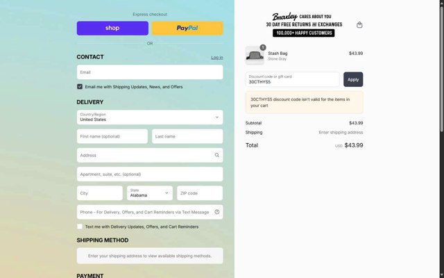 Braxley Bands checkout page showing Braxley Bands coupon code box | Screenshot taken by SimplyCodes community member on Aug 29, 2025